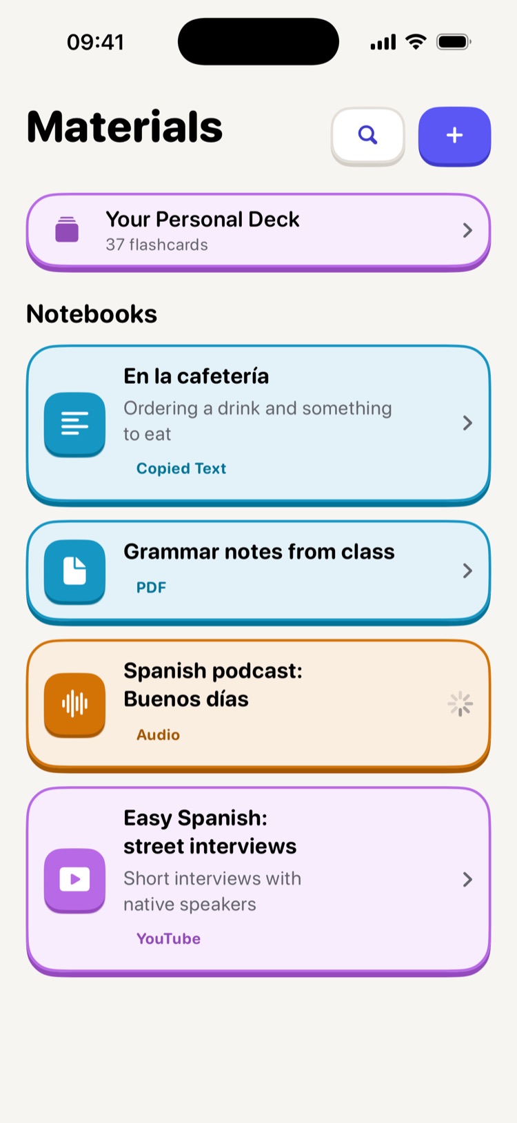 Materials screen with notebooks made from a PDF, an audio file and a YouTube video