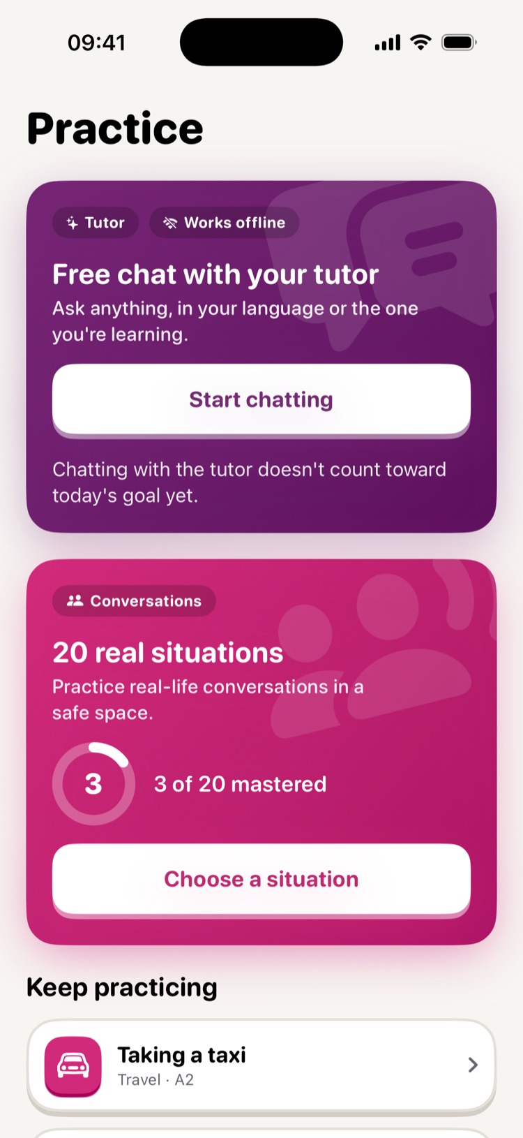 Practice screen with the tutor and Conversations
