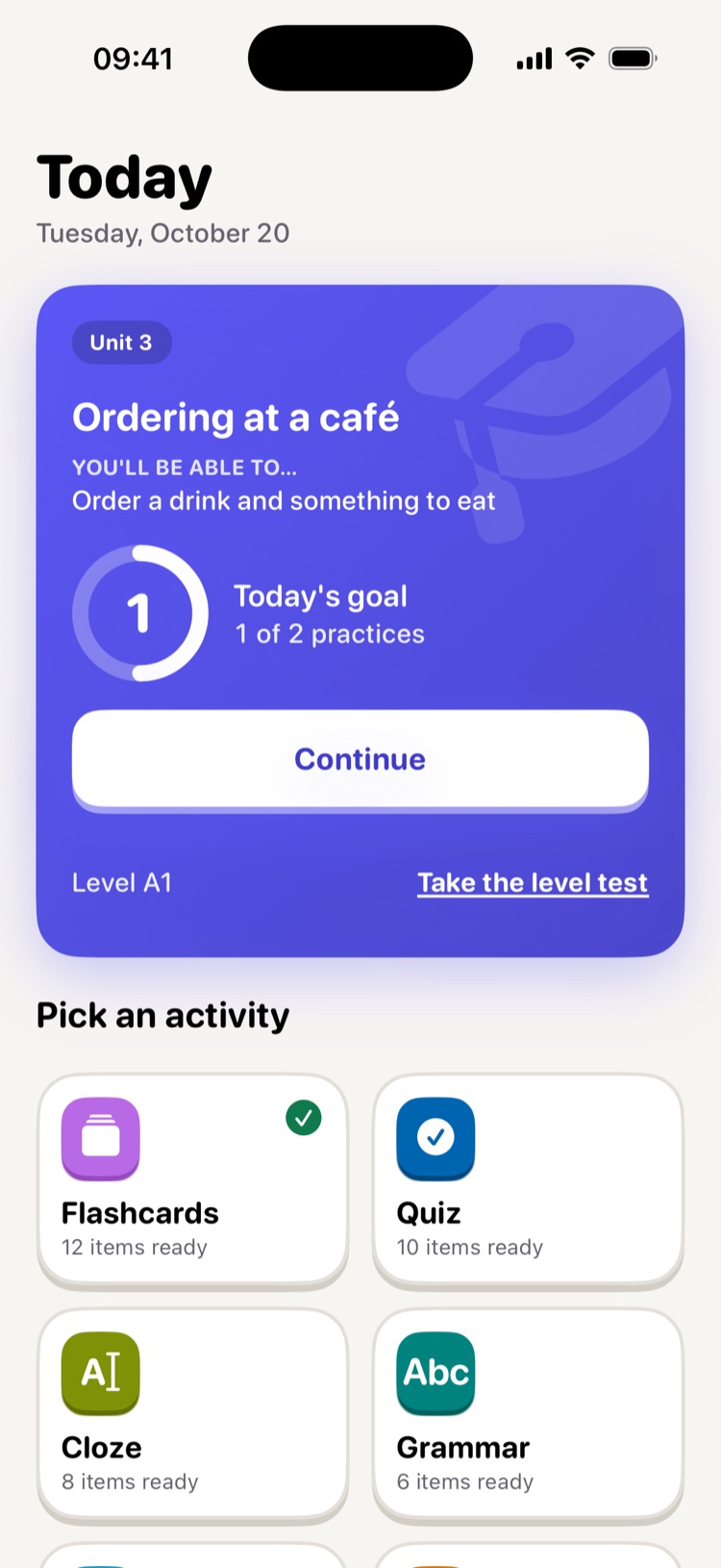 StudioAI Today screen with the daily goal and activities ready to practice